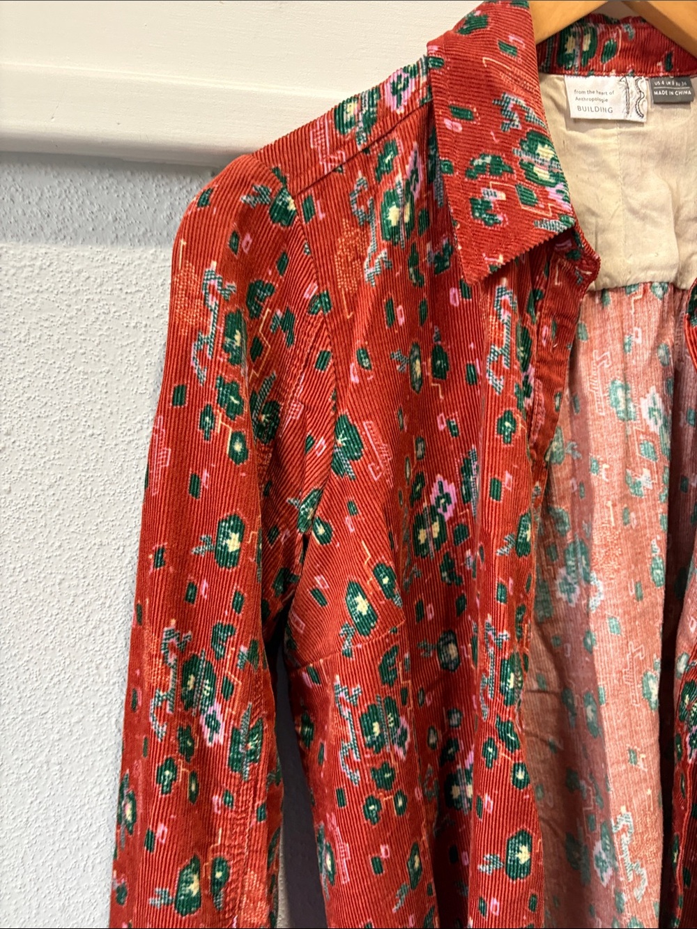 Anthropologie Red Floral Button-Down Shirt with Green Accents - Picture 5 of 6